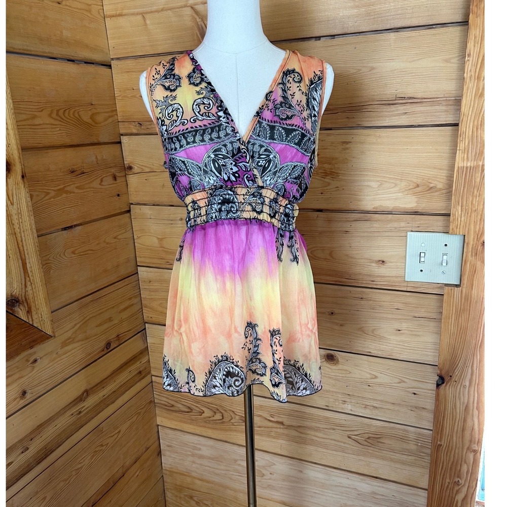 Vintage Tunic Top Womens Medium Orange Paisley‎ Tie Dye Smocked Whimsygoth Poet